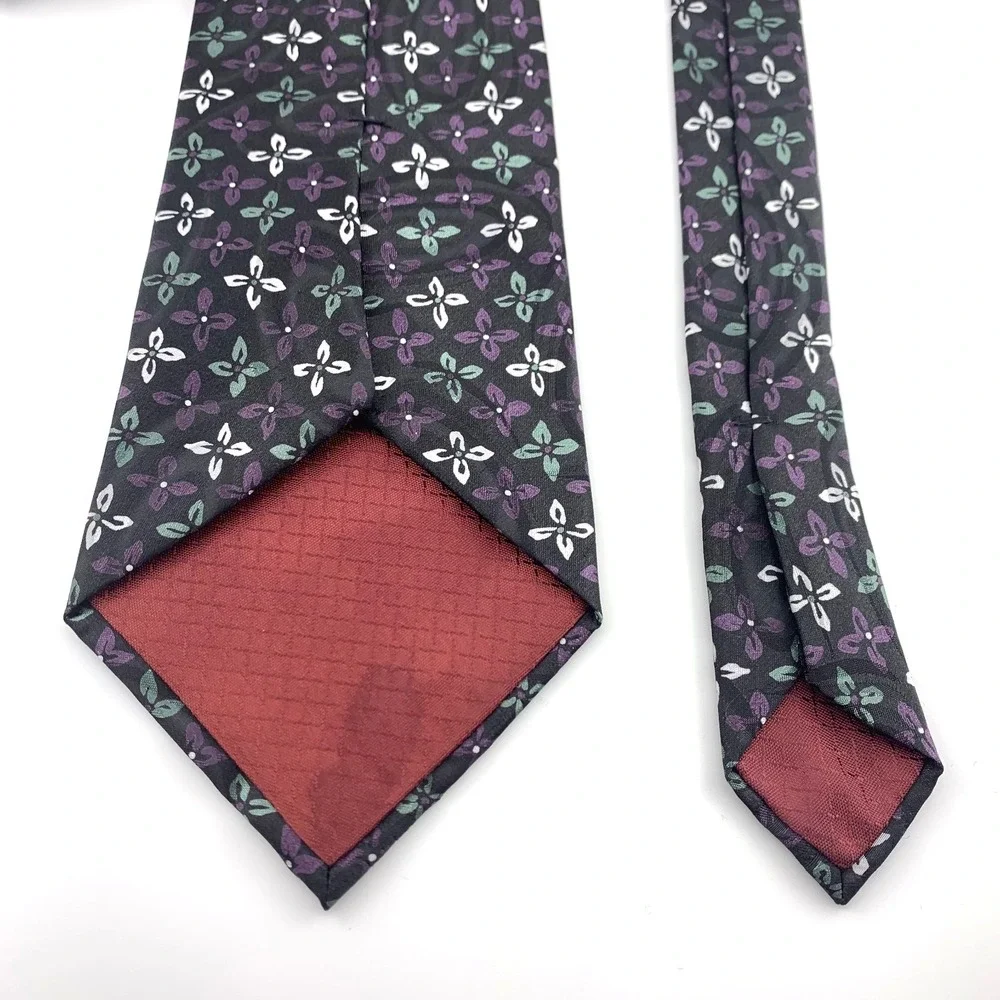 Christian Dior Monsieur Mens Tie Black & Purple Floral Pattern 100% Silk Necktie